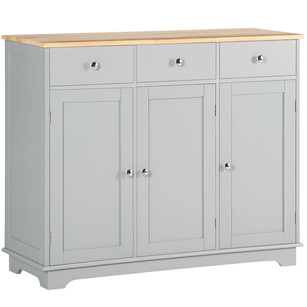 Modern Sideboard Buffet with Rubberwood Top, Buffet Cabinet with 3 Drawers, 3 Cabinets and Adjustable Shelves for Kitchen, Buffet Table, Grey