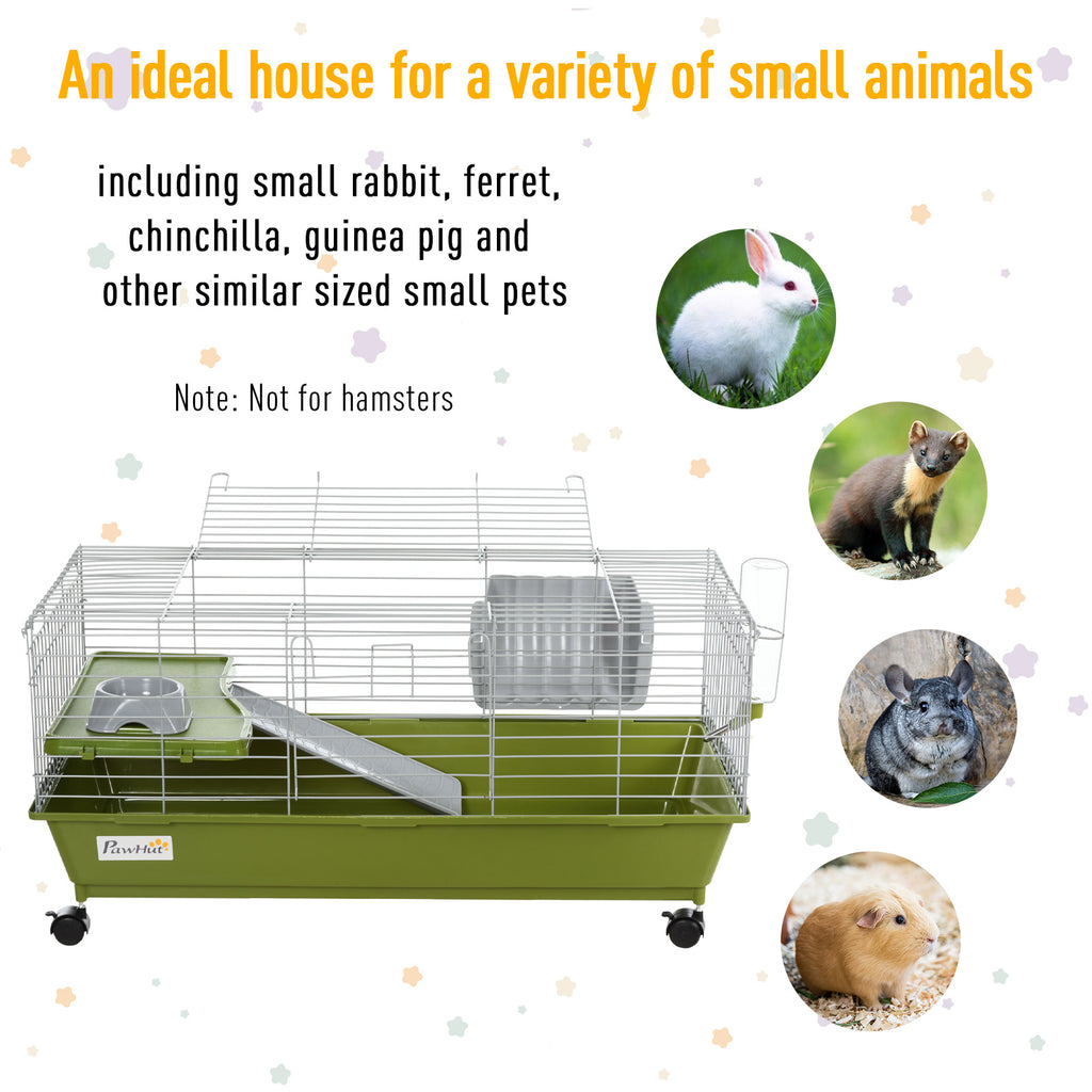 35" Small Animal Cage Chinchilla Guinea Pig Hutch Ferret Pet House with Platform Ramp, Food Dish, Wheels, & Water Bottle