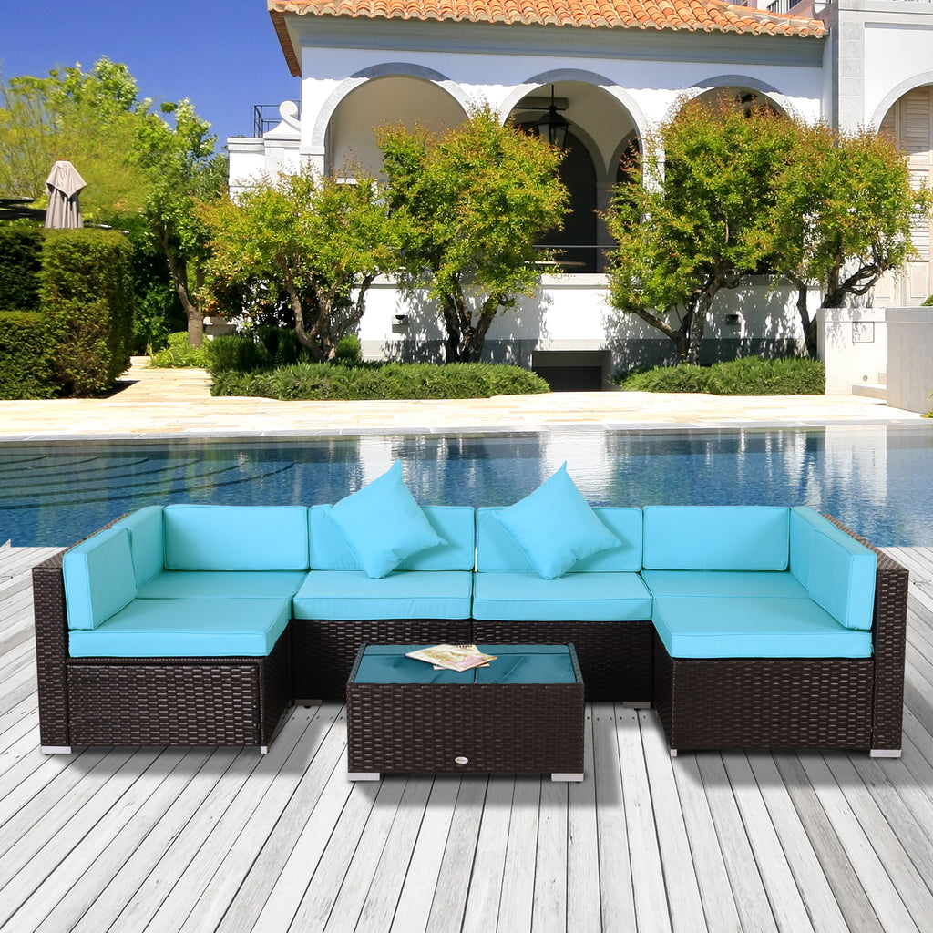 7-Piece Patio Furniture Sets Outdoor Wicker Conversation Sets PE Rattan Sectional sofa set with Cushions & Glass Desktop, Turquoise