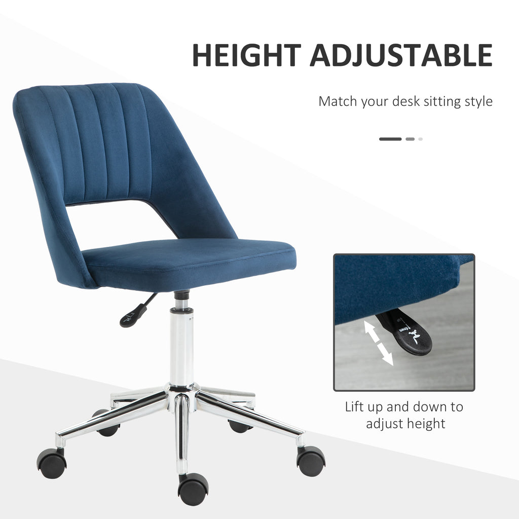 Modern Mid Back Office Chair with Velvet Fabric, Swivel Computer Armless Desk Chair with Hollow Back Design for Home Office, Blue