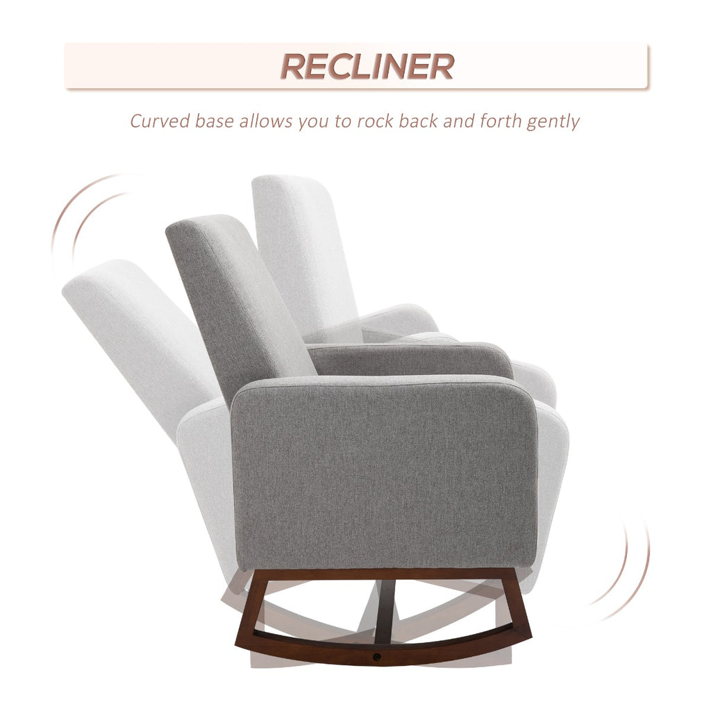 Accent Lounge Rocking Chair with Solid Curved Wood Base and Linen Padded Seat, Grey