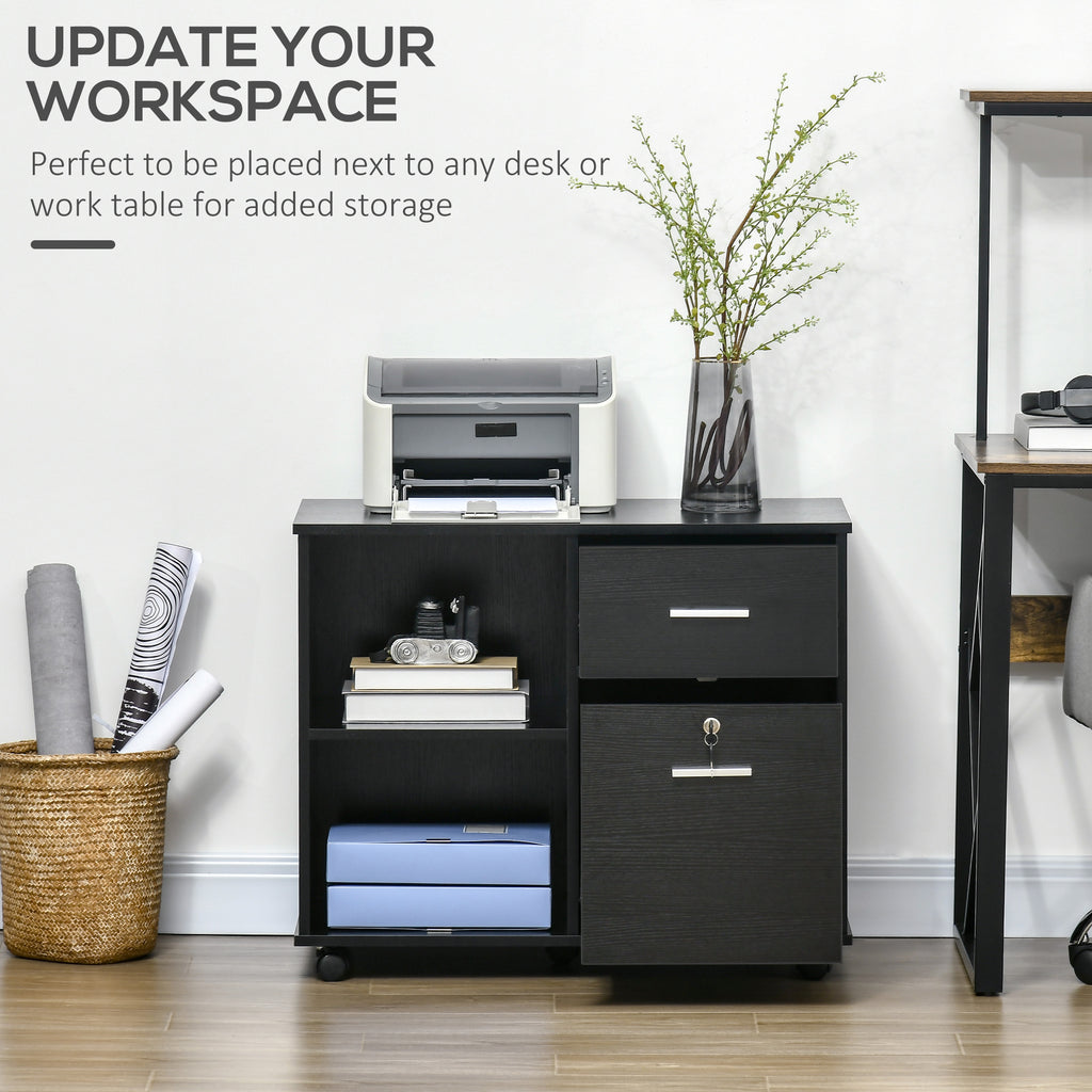 Lateral File Cabinet with Wheels, Mobile Printer Stand with Open Shelves and Drawers for A4 Size Documents, Black