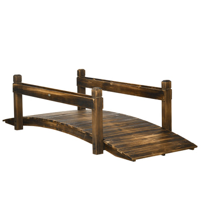 Wooden Garden Bridge with Planters on Safety Railings, Stained Finish Arc Footbridge for Pond Backyard Stream