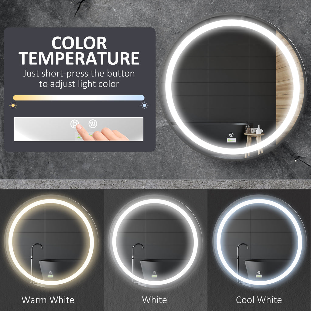 Round LED Bathroom Mirror, Dimmable Lighted Vanity Mirror with 3 Temperature Colors, Memory Function, Plug-in, 24-Inch