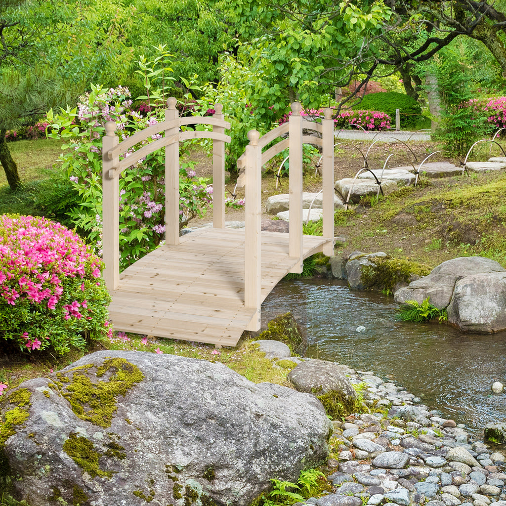 7.5' Wooden Arch Garden Bridge, Safety Rails for Backyard Ponds, Creeks, Streams, Natural