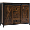 Industrial Farmhouse Buffet Cabinet, Kitchen Sideboard with Barn Doors, Three Drawers and Adjustable Shelves for Living Room, Rustic Brown