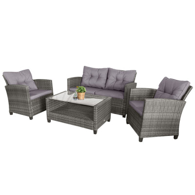 4-piece Outdoor Patio Rattan Furniture Set with 2 Chairs  1 Double Couch  & a Coffee Table & Cushions  Onyx
