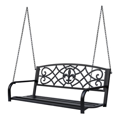 Steel Hanging Porch Swing, Fleur-de-Lis Design Outdoor Swing Seat Bench with Chains for the Yard, Deck, 485 LBS Weight Capacity, Bronze