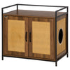 Hidden Litter Box Enclosure with Adjustable Partition, Hidden Cat Furniture with Cushion, Indoor Cat Washroom with Rattan Decoration, Double-door End Table Cabinet, Walnut