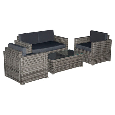 4-Piece Rattan Wicker Furniture Set, Outdoor Cushioned Conversation Furniture with 2 Chairs, Loveseat, and Glass Coffee Table, Grey
