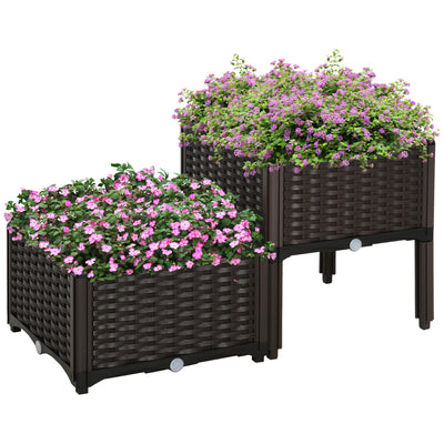 2-Piece Raised Garden Bed Planter Raised Bed with Self-Watering Design and Drainage Holes for Flowers, Brown