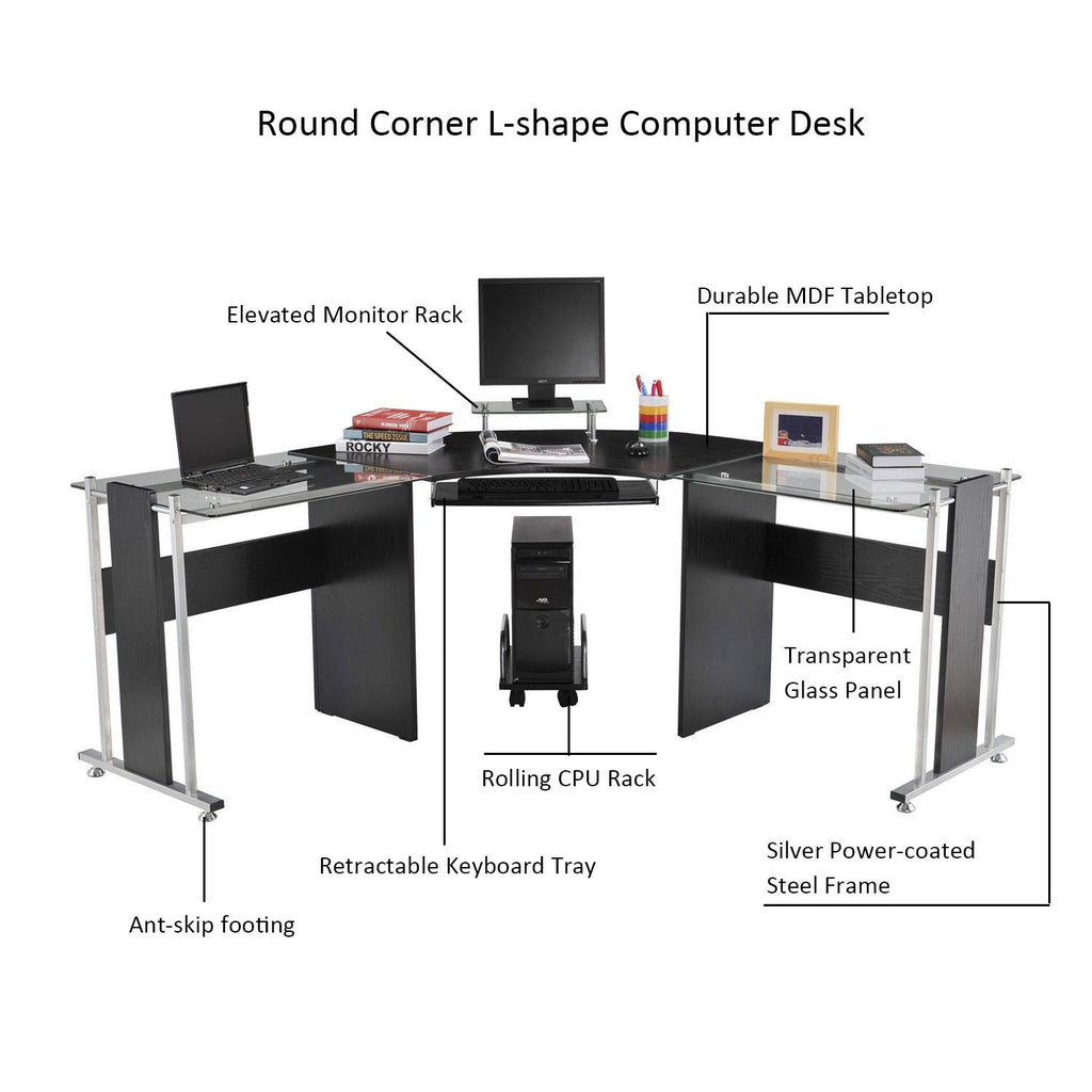 L Shaped Corner Desk 69" X 69" Modern Symmetrical Smoked Glass Top Steel Metal L-Shaped Corner Assembled Computer Desk