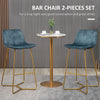 Tall Bar Stools, Set of 2, Velvet-Touch Fabric Bar Chairs, 30.25" Bar Height Stools with Gold-Tone Metal Legs for Dining Area, Home Bar, Blue