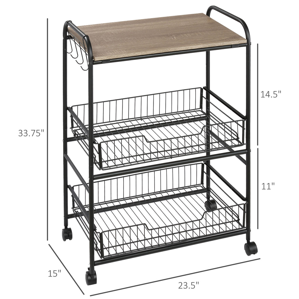 3-Tier Rolling Kitchen Cart, Utility Storage Trolley with 2 Basket Drawers, Side Hooks for Dining Room and Kitchen, Oak Wood Tone