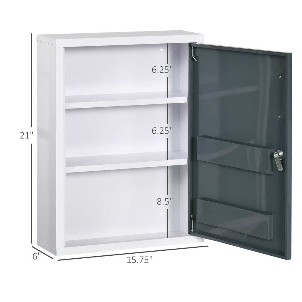 Wall Medicine Cabinet with Lock, Hanging Medical Cabinet, First Aid Wall Cabinet for Bathroom Kitchen, White and Grey