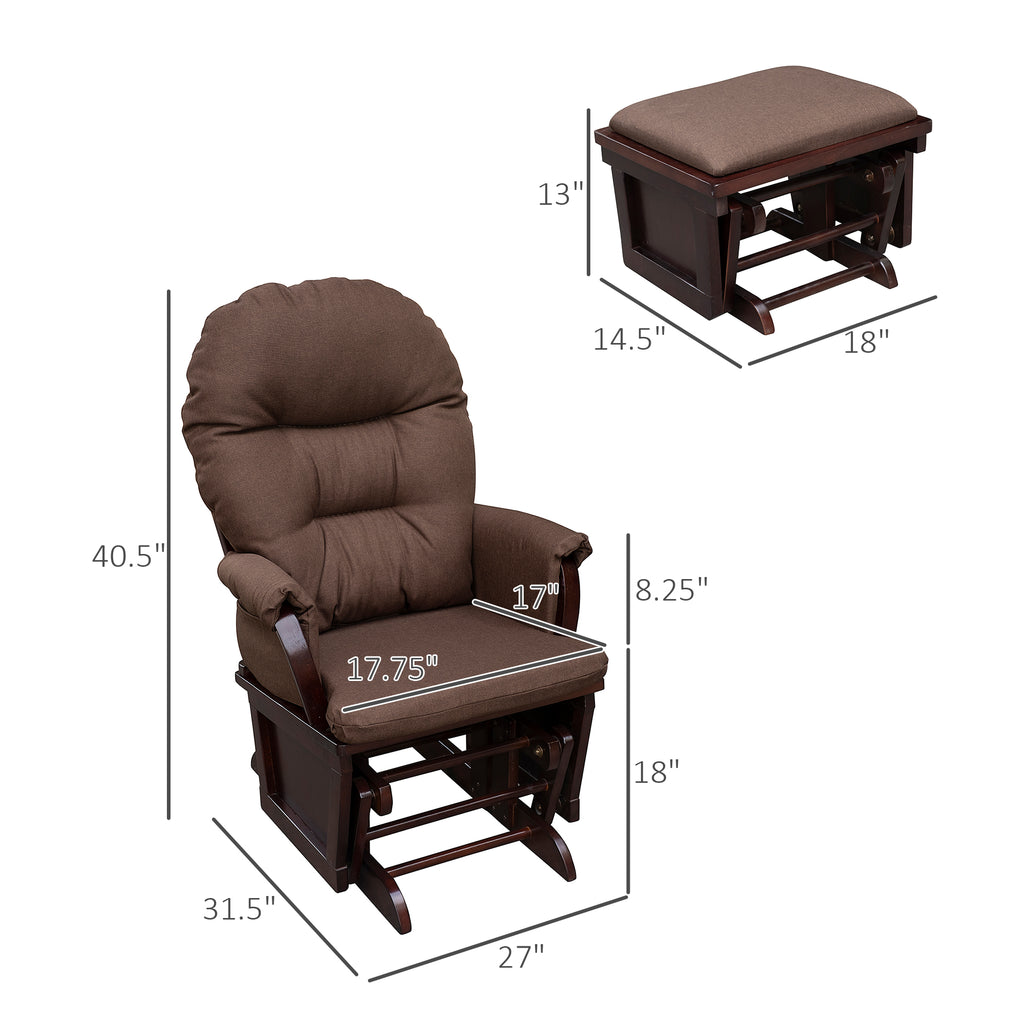 Nursery Glider Rocking Chair with Ottoman, Thick Padded Cushion Seating and Wood Base, Brown