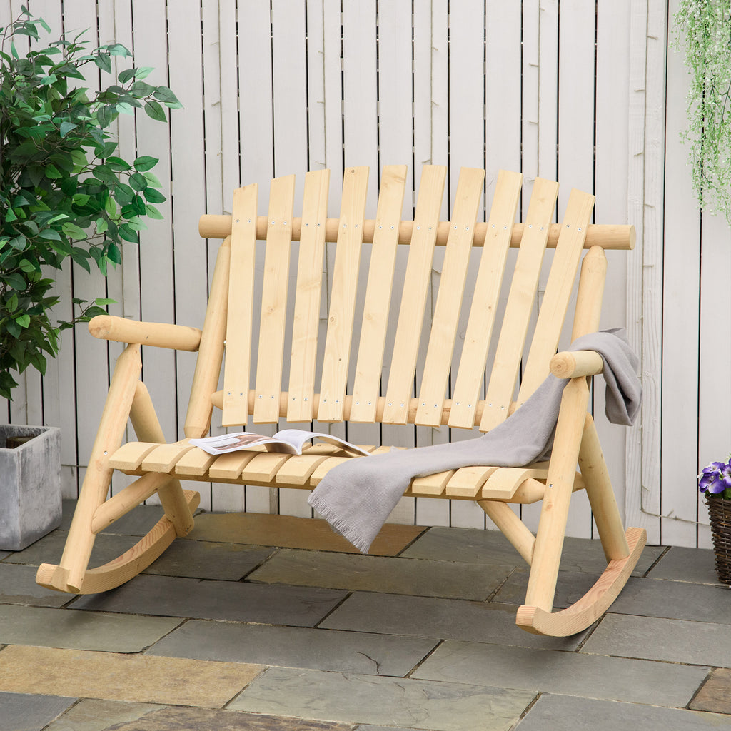 Wooden Rocking Chair,  2 Person Porch Rocker Bench, Indoor Outdoor Porch Rocker with Slatted Design, High Back for Backyard, Garden, Natural