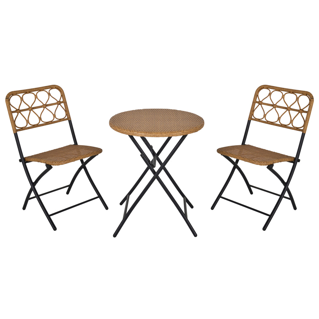 3 PCS Rattan Wicker Bistro Set with Easy Folding, Hand Woven Rattan Coffee Table and Chairs for Outdoor Lawn, Pool, Balcony & Garden, Natural
