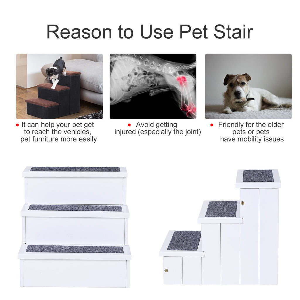 3 Step Wooden Carpeted Non Slip Pet Stairs Ramp for Cats and Small Dogs - White