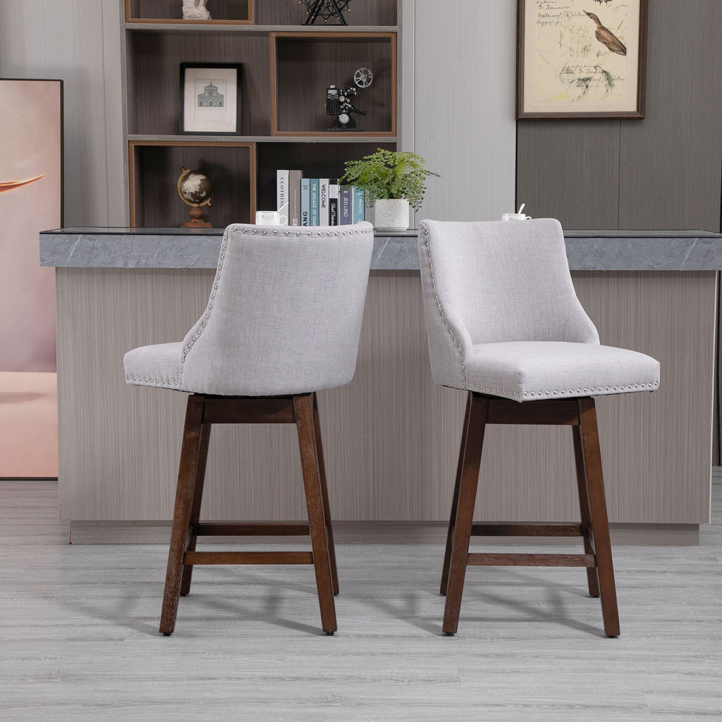 28" Swivel Bar Height Bar Stools Set of 2, Armless Upholstered Barstools Chairs with Nailhead Trim and Wood Legs, Light Grey