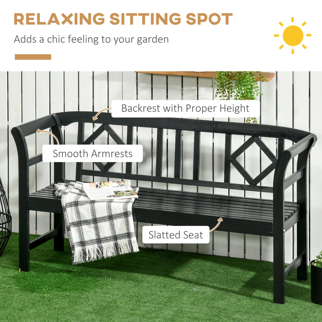 Three-Person  Wooden Bench, Three-Seater Outdoor Patio Bench, Backrest and Armrests, Rustic Country Diamond Pattern, Slatted Seat for Backyard, Porch Garden, Black