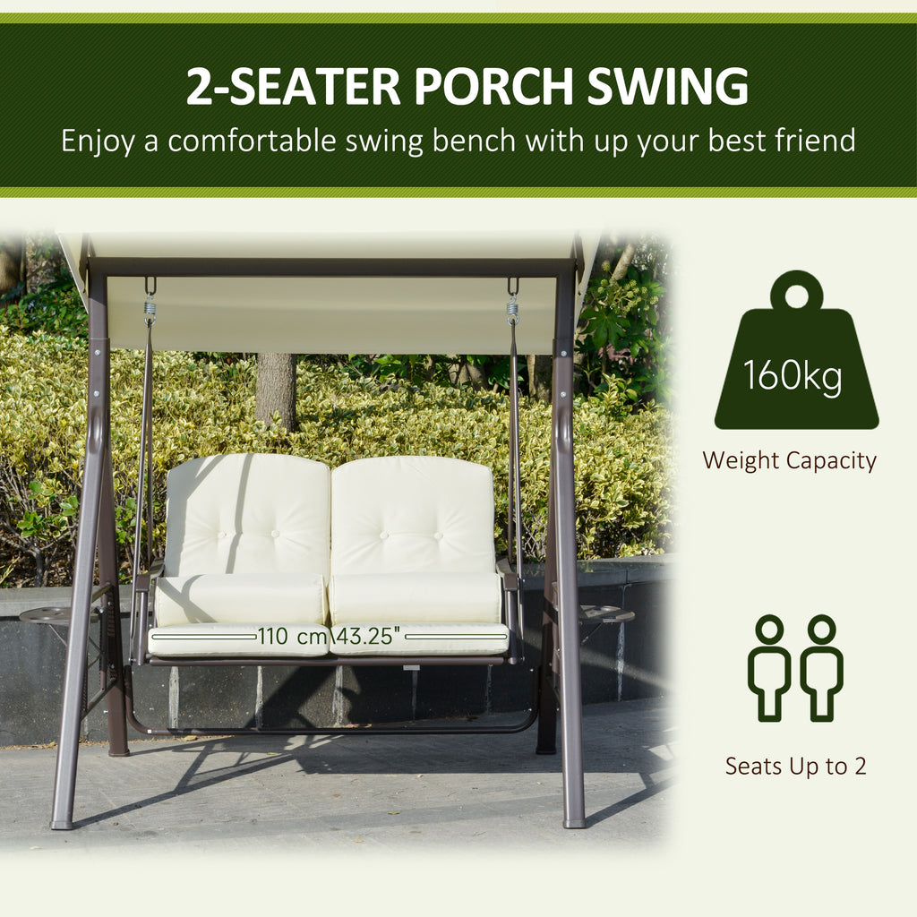2-Person Patio Swing Chair Outdoor Canopy Swing with Adjustable Shade, Soft Cushions, Throw Pillows and Tray for Poolside, Backyard, Beige