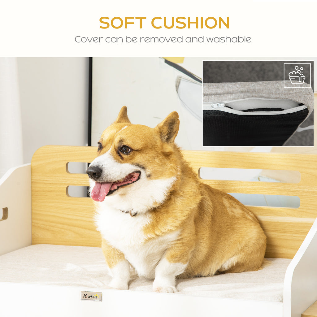 Modern Dog Bed, Furniture Style Pet Sofa, Cat Couch, with Soft Cushion, 2 Feeding Bowls, Handles, for Small Sized Dog