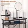 Modern Glasstop Vanity Table with Mirror,  Makeup Dressing Table with Rotating Round Mirror, Shelves for Perfumes, Cosmetics, Lotions, Black