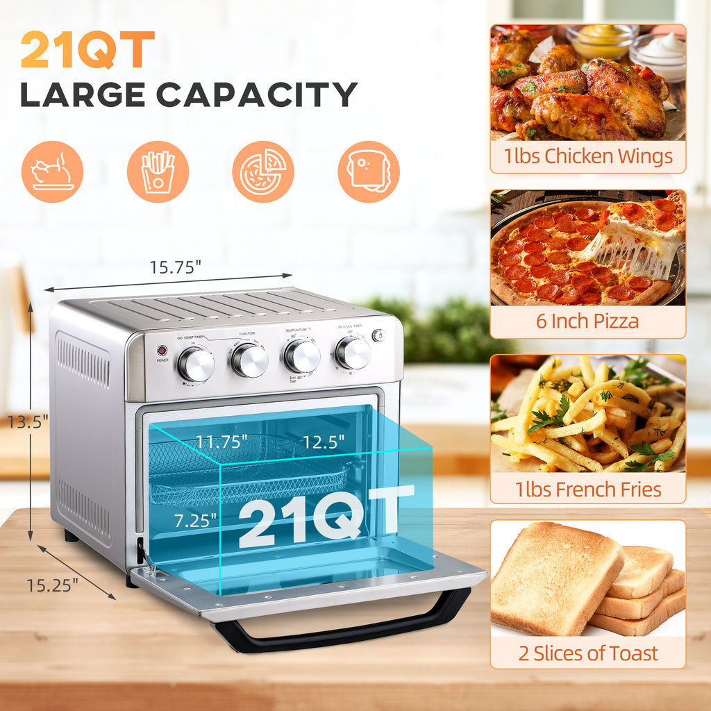 7-in-1 Toaster Oven 21Qt 4-Slice Convection Oven with Warm Broil Toast Bake Air Fryer Adjustable Thermostat 3 Crust Shades 4 Accessories 1550W