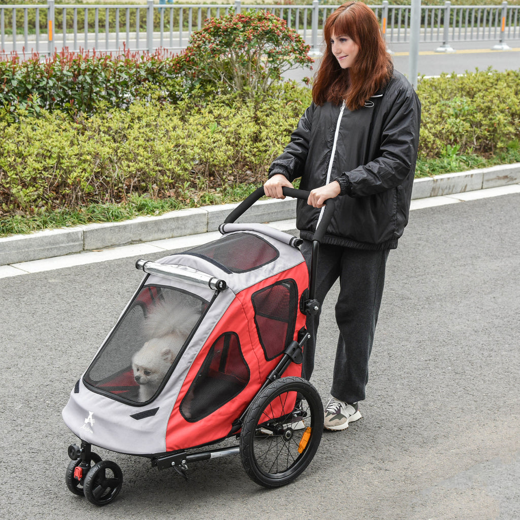 Dog Bike Trailer 2-In-1 Pet Stroller w/ Canopy & Safety Reflectors, Red, Grey & Black