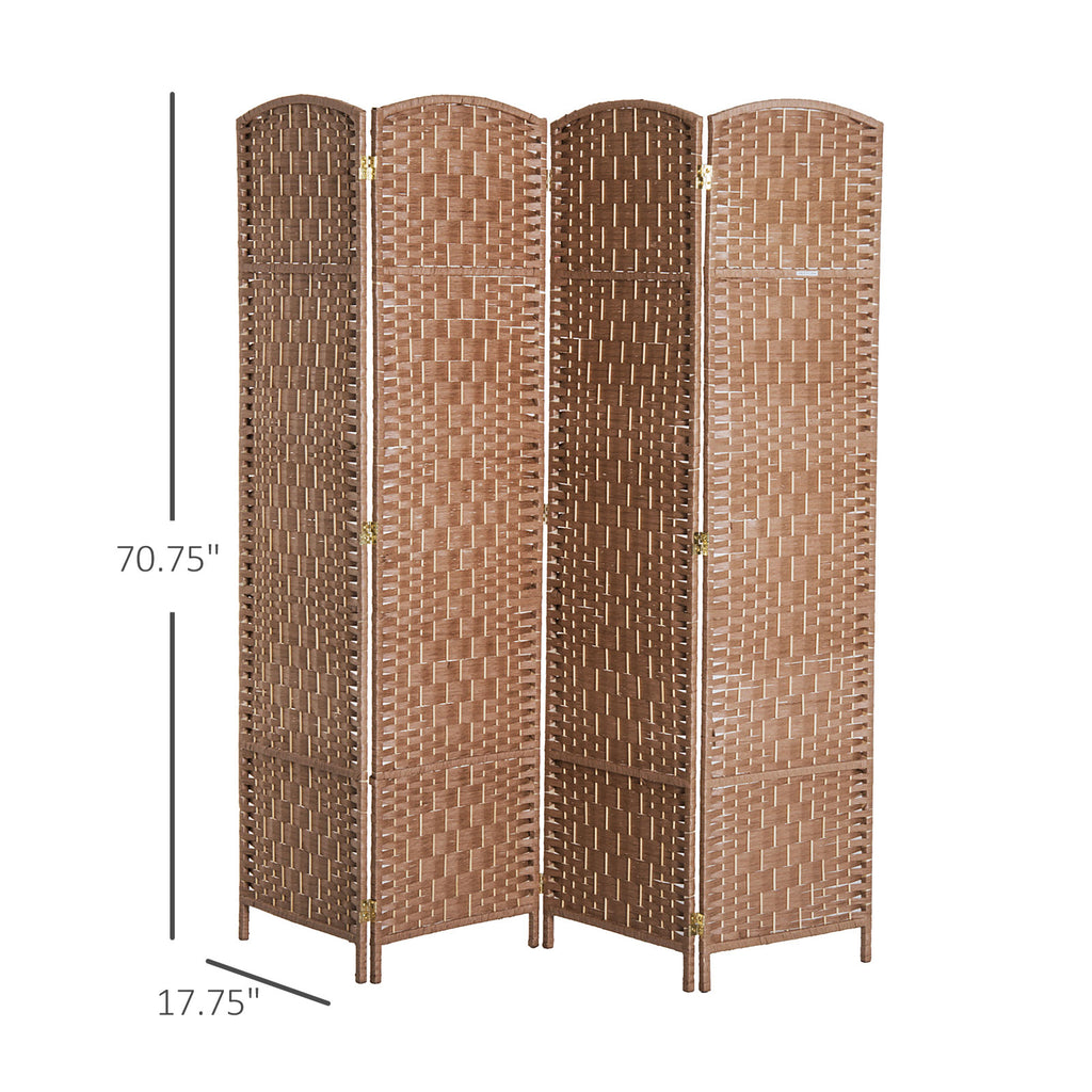 6' Tall Wicker Weave 4 Panel Room Divider Wall Divider, Natural Wood