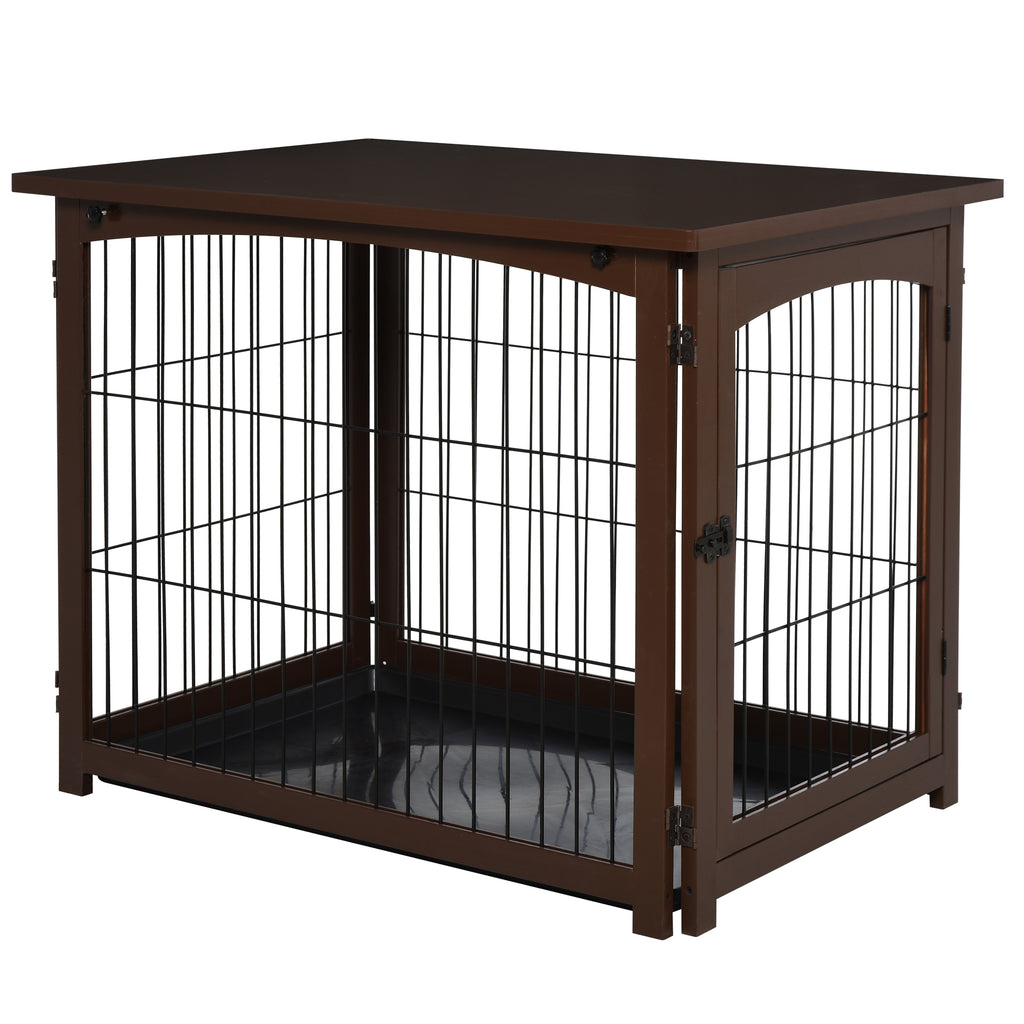 Wooden Decorative Dog Cage Pet Crate with Fence Side Table Small Animal House and Tabletop, Brown