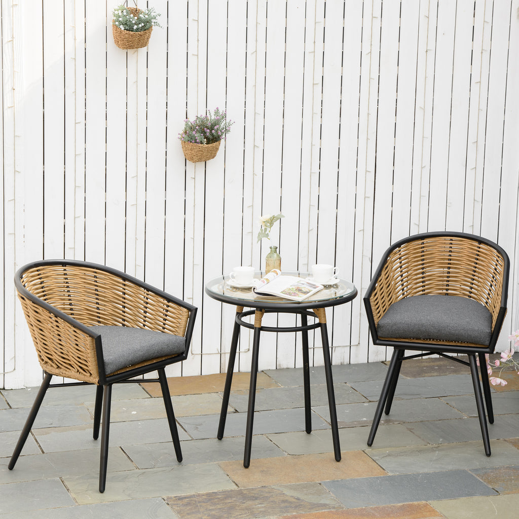 3 Piece Patio PE Rattan Bistro Set, Outdoor Round Resin Wicker Coffee Set, w/ Chairs & Coffee Table Furniture Set, for Deck, Grey