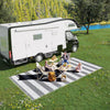 RV Mat, Outdoor Patio Rug / Large Camping Carpet with Carrying Bag, 9' x 18', Waterproof Plastic Straw, Reversible Design for Backyard, Porch, Picnic, Poolside, Gray & White Striped