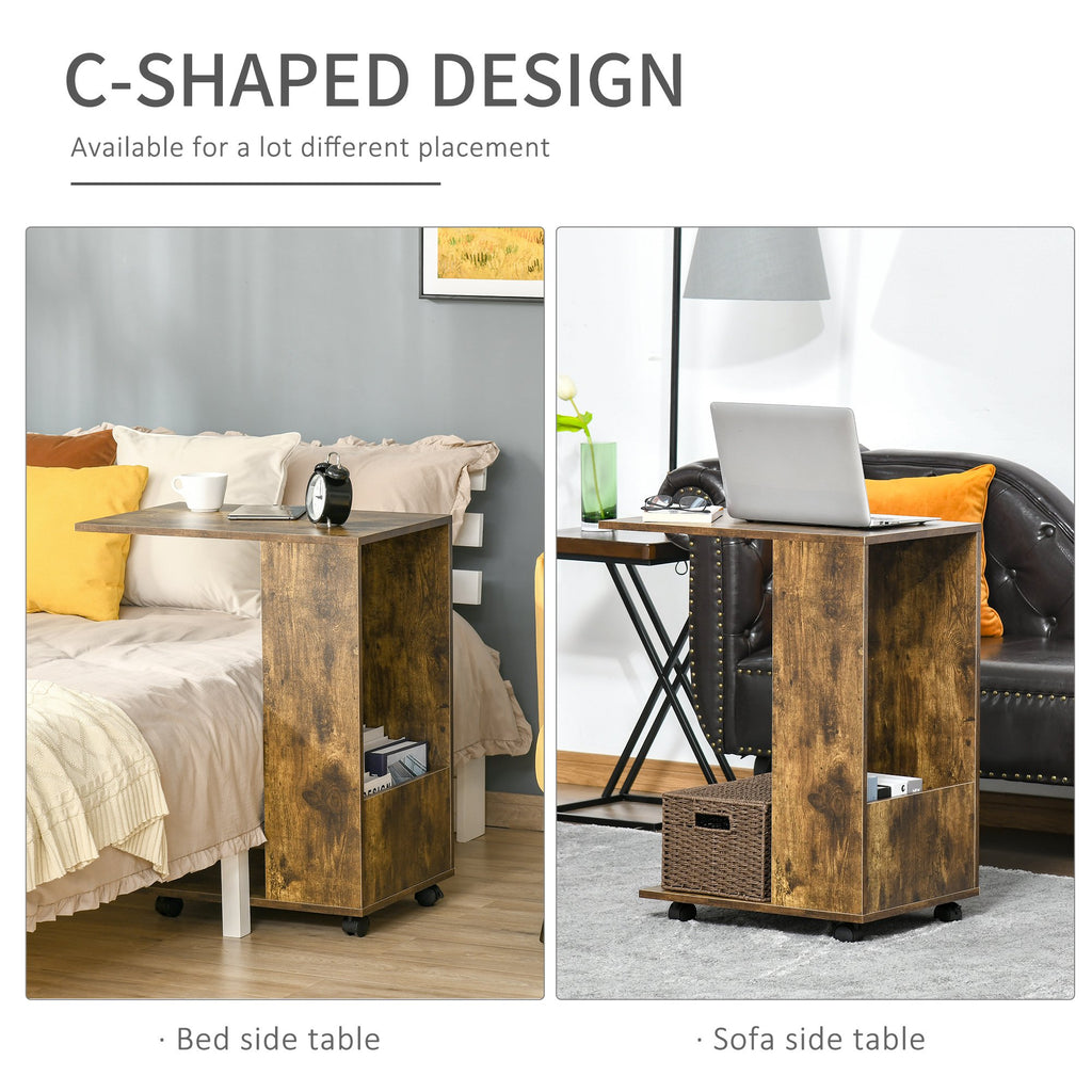 C-Shaped Sofa Side Table Mobile End Table with Storage and Wheels for Living Room, Bedroom, Office, Rustic Brown