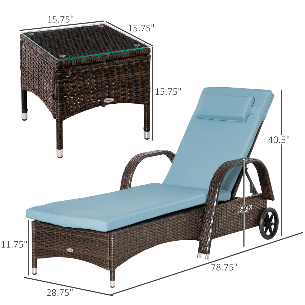 3 Pieces Patio Wicker Chaise Lounge Chair Set Adjustable PE Rattan Cushioned Lounge set with Armrests, Side Table & Moving Wheels, Brown/Blue