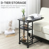 C Shaped End Table with Storage Shelves, Mobile Side Table with Wheels for Sofa Couch, Bed, Metal Frame, Black