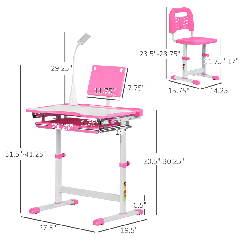 Kids Desk and Chair Set Height Adjustable Student Writing Desk with Tilt Desktop, LED Lamp, Drawer, Reading Board, Cup Holder, Pen Slots, Pink