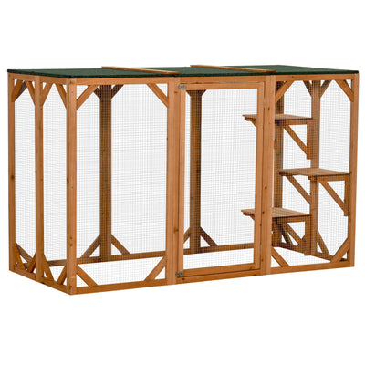 Wooden Outdoor Cat House Catio Kitten Enclosure Indoor Cage with Asphalt Roof, Multi-Level Platforms and Large Enter Door 71