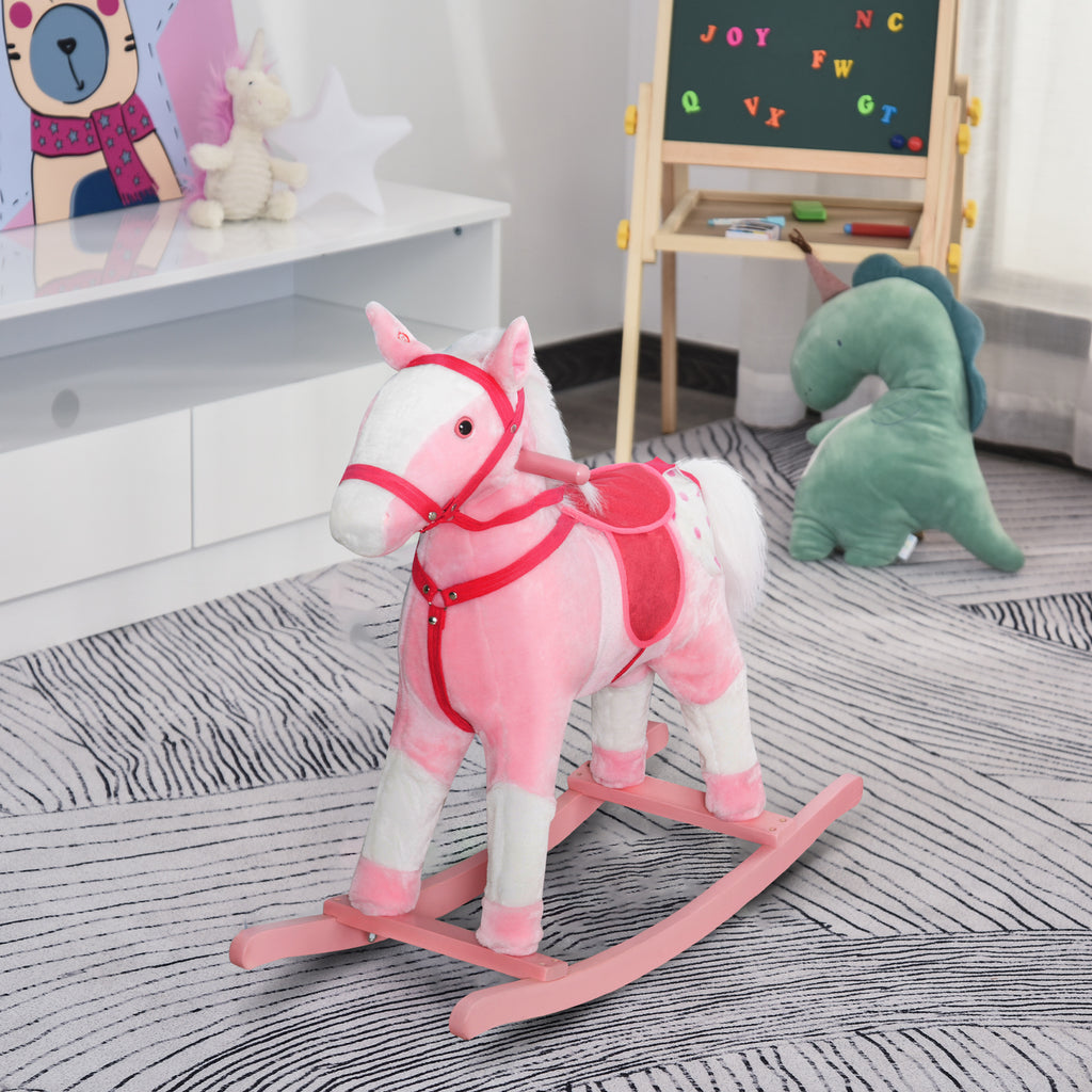Kids Plush Toy Rocking Horse Pony Toddler Ride on Animal for Girls Pink Birthday Gifts with Realistic Sounds, Pink