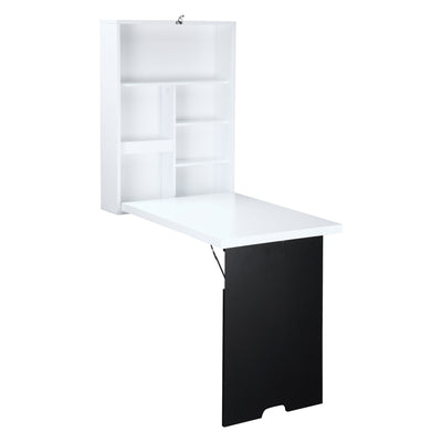 Wall Mounted Foldable Desk with a Blackboard, Fold Out Convertible Floating Desk with Shelves, White