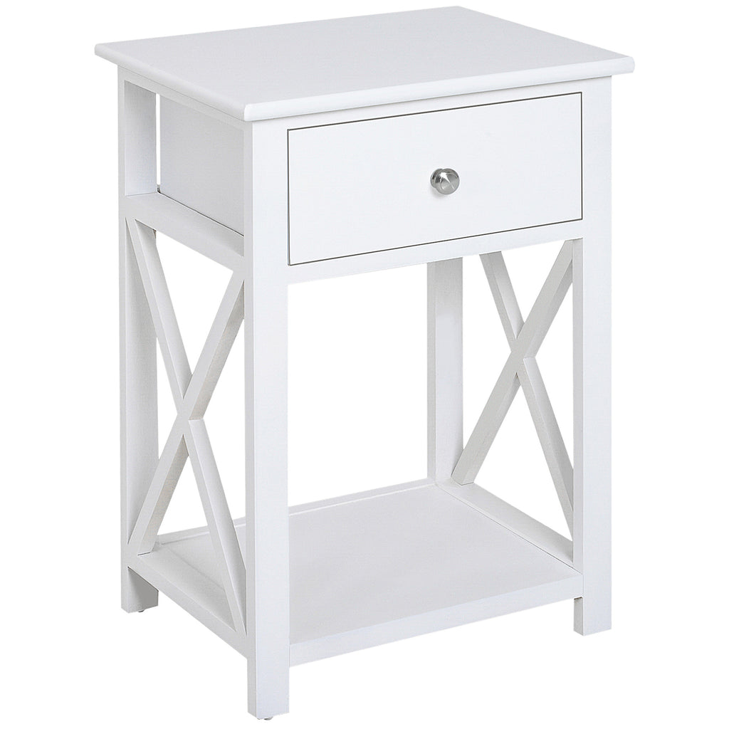 Side Table, Accent End Table with Drawer, Painted Surface and Bottom Shelf, Sofa Table for Living Room, Bedroom, Modern Nightstand, Flat White