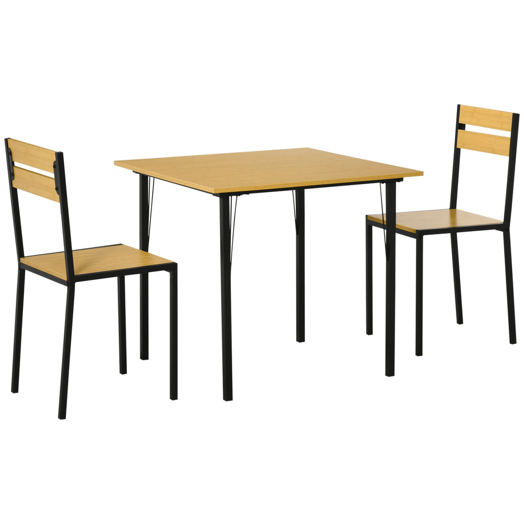 Industrial 3-Piece Dining Table Set, Square Kitchen Table with 2 Chairs for Dorms, Apartments, Studios, Bamboo Wood Grain