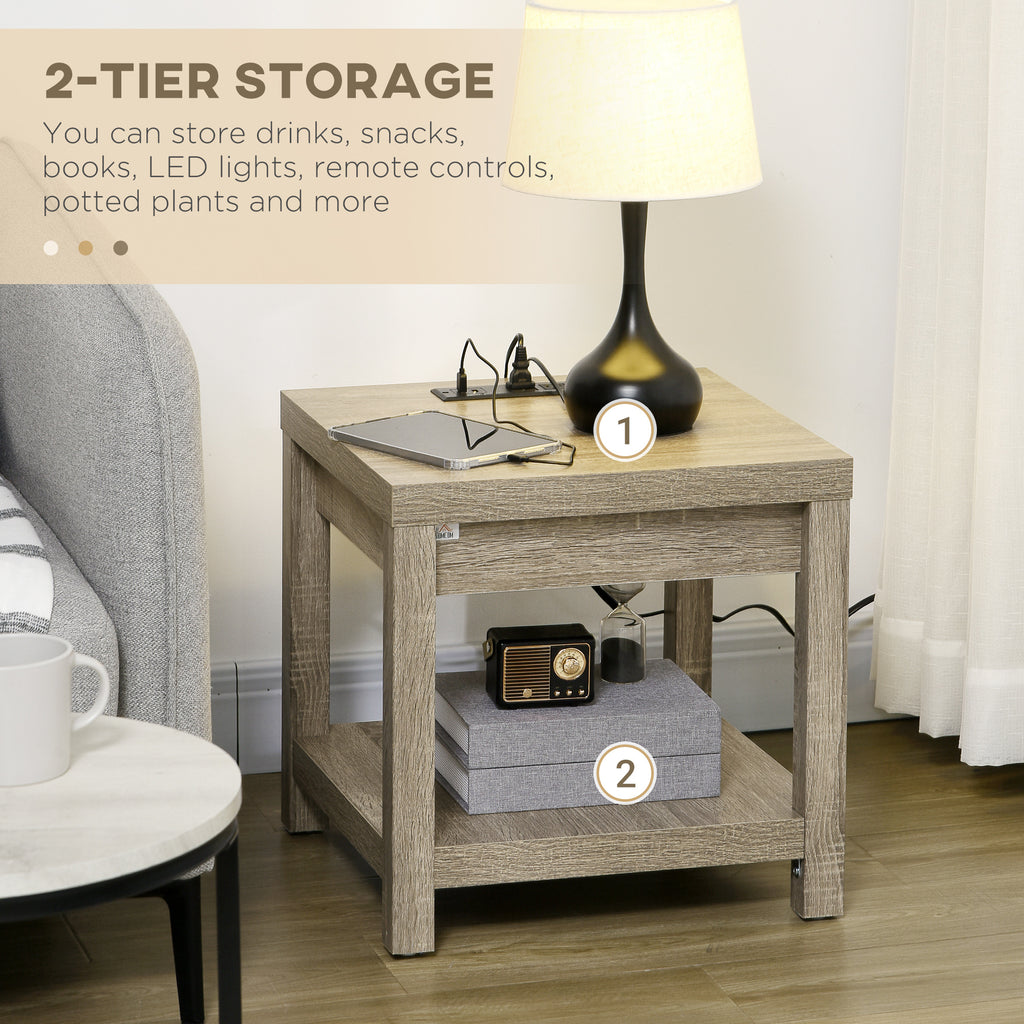 End Side Table with Charging Station, 2 USB Ports and 3 Outlets for Living Room, Bedroom, 17.75"x17.75"x17.75", Gray