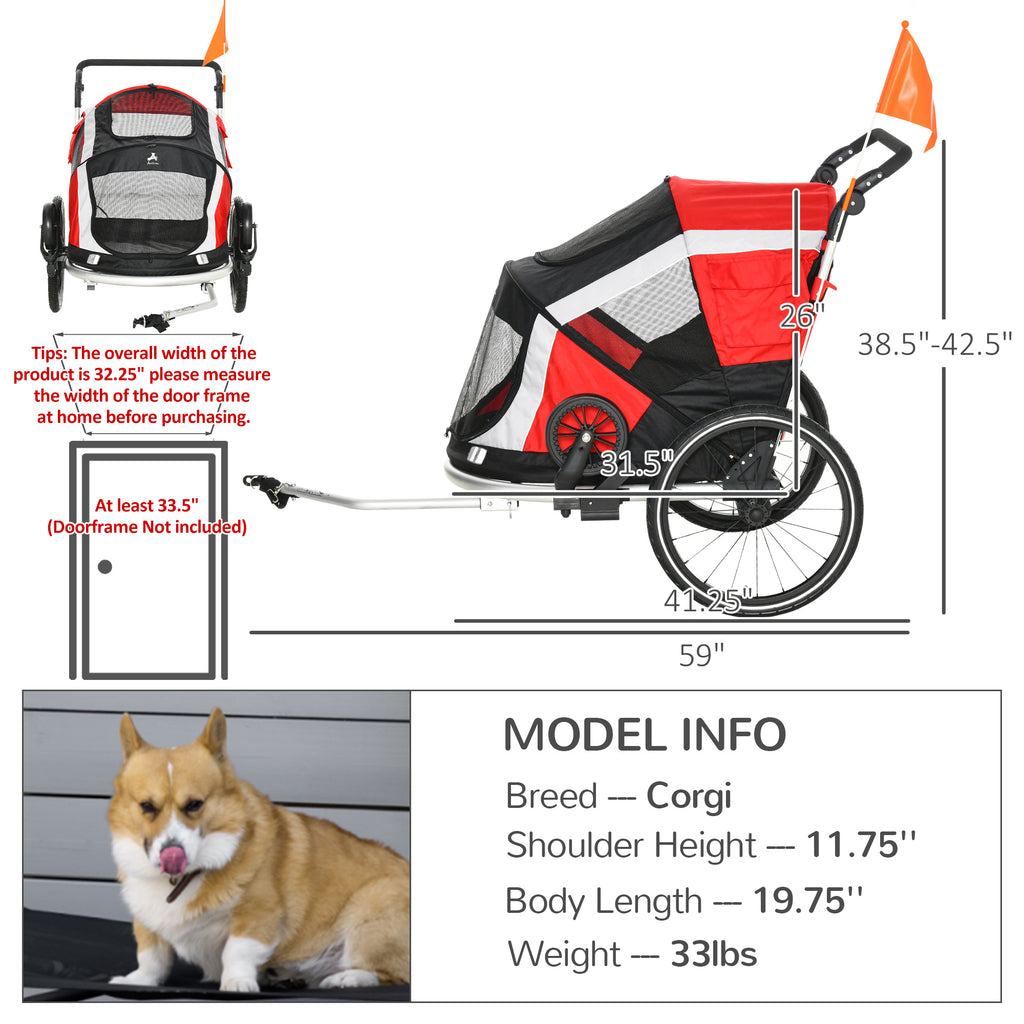 2-in-1 Travel Dog Stroller, Small Pet Bicycle Cart Carrier with Safety Leash, and Easy Fold Design, Red