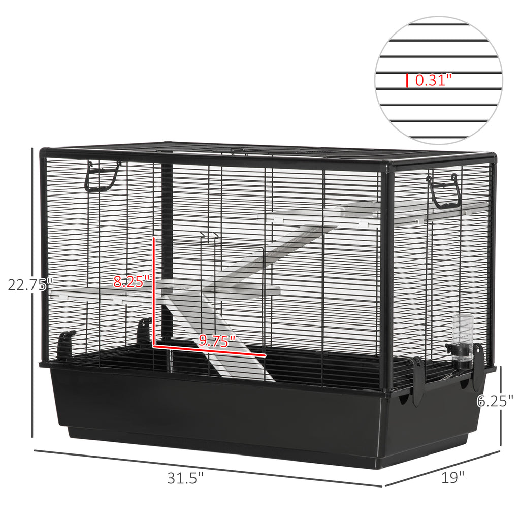 Small Animal Cage Habitat Pet Play House for Guinea Pigs Hamsters, With Water Bottle, Balcony, Ramp, Food Dish, 31.5"x19"x 22.75", Black