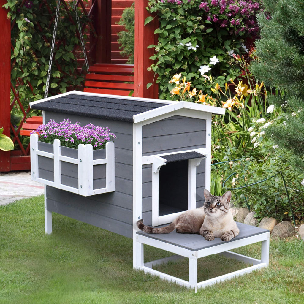 Wooden Wooden Cat House Feral Cat Shelter Kitten Condo with Escape Door, Porch and Flower Stand - Dark Grey/White