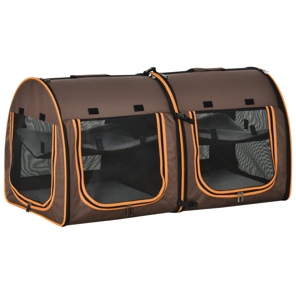 39" Portable Soft-Sided Pet Cat Travel Carrier With Divider Dual Compartment Soft Cushions And Large Storage Bag Brown