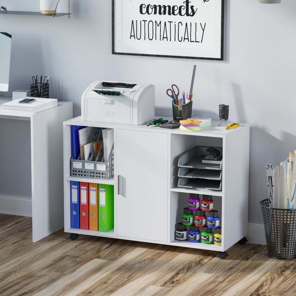 Multipurpose Filing Cabinet Printer Stand with an Interior Cabinet, 2 Shelves, Printers/Scanner Area, White