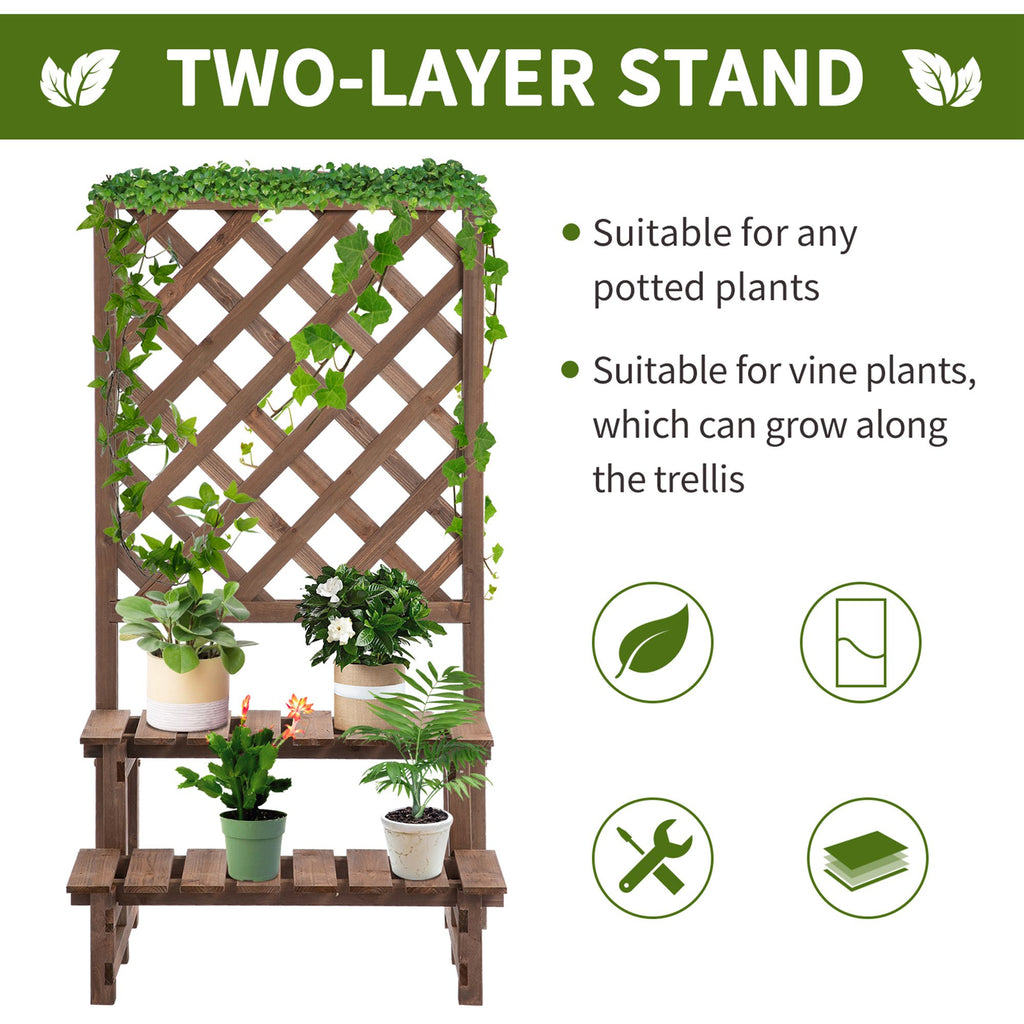 2-Level Wooden Garden Plant Stand with Climbing Vine Trellis & Fir Wood Construction for the Backyard  Brown